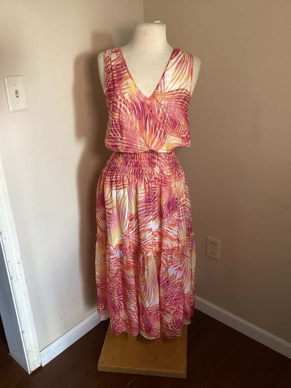 Ramy Brook Dress Women's Small Orange Pink Palm Tropical Tiered Smocked Silk